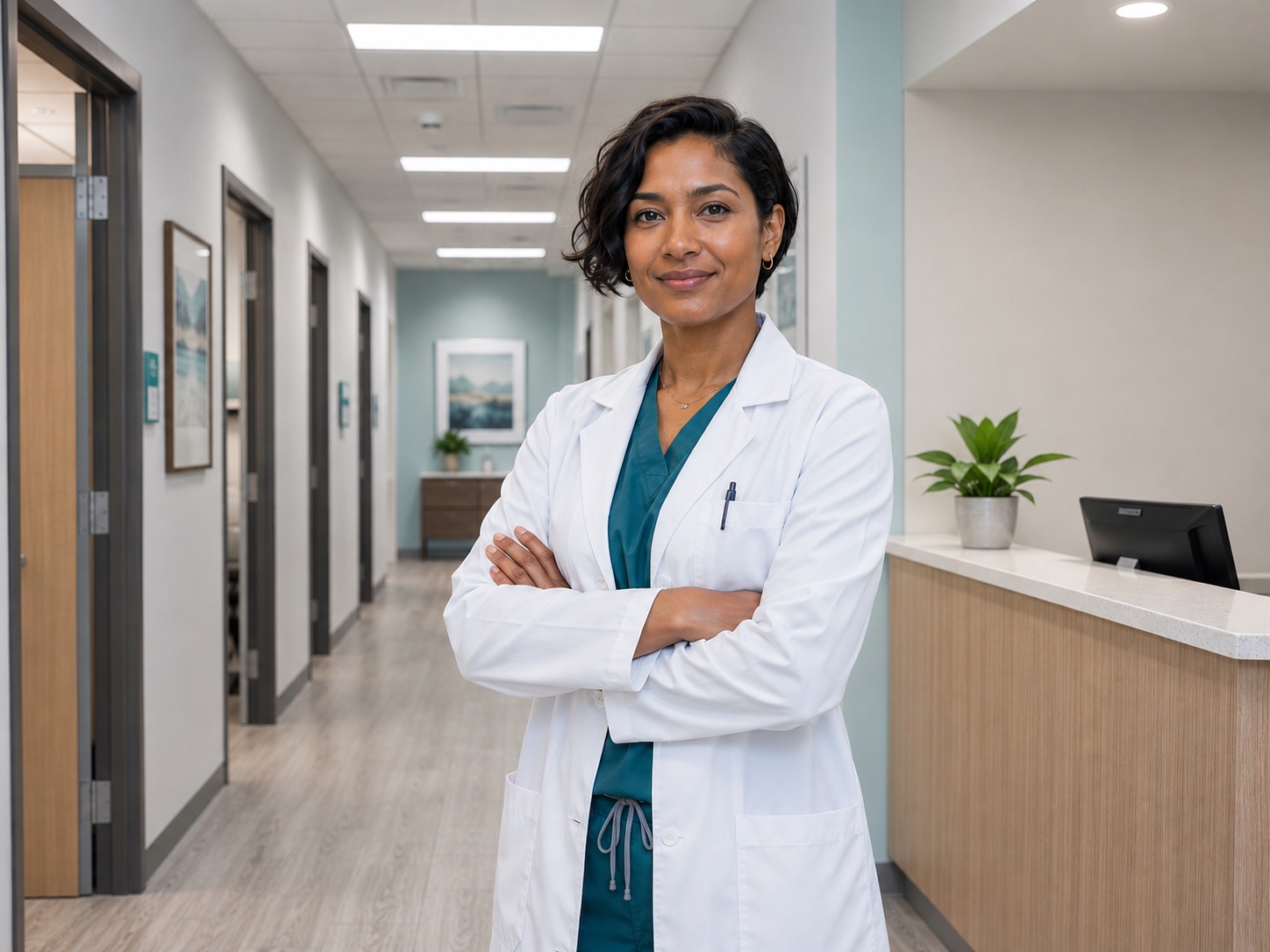 A doctor standing in a hallway in a health center