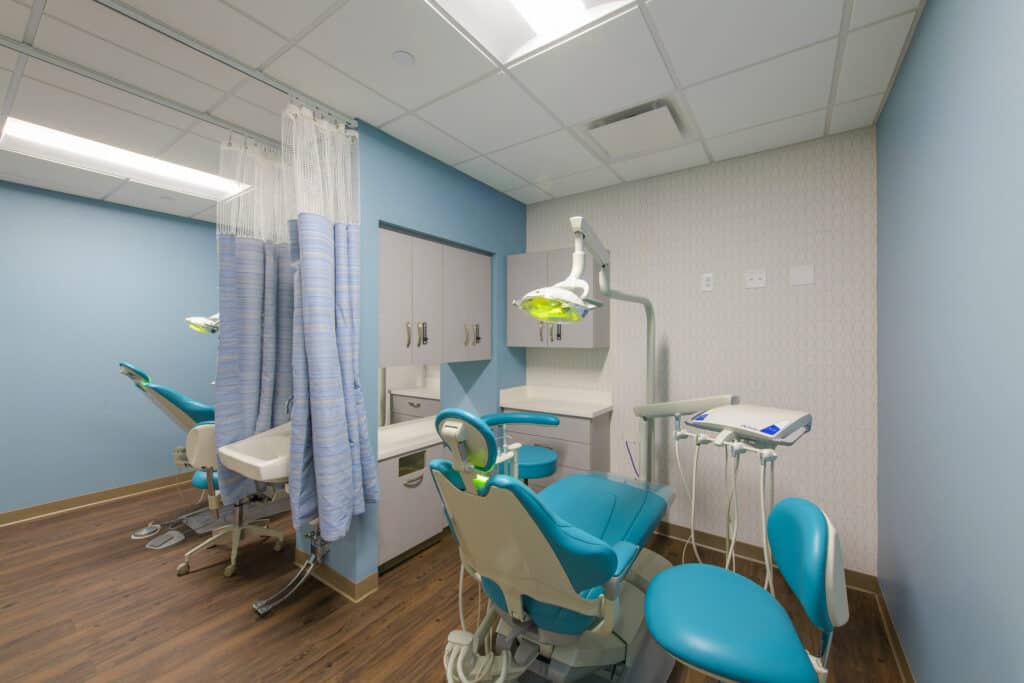 A blue and white dental room.